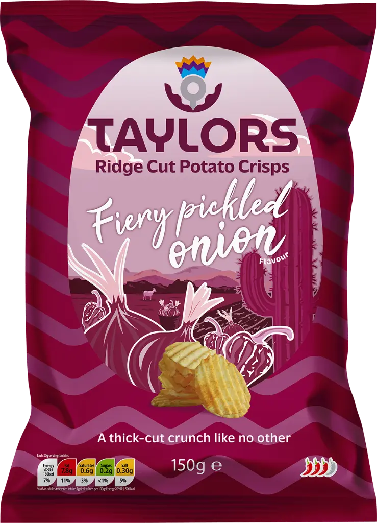 Taylors - Fiery Pickled Onion 150g - Ridge Cut Potato Crisps